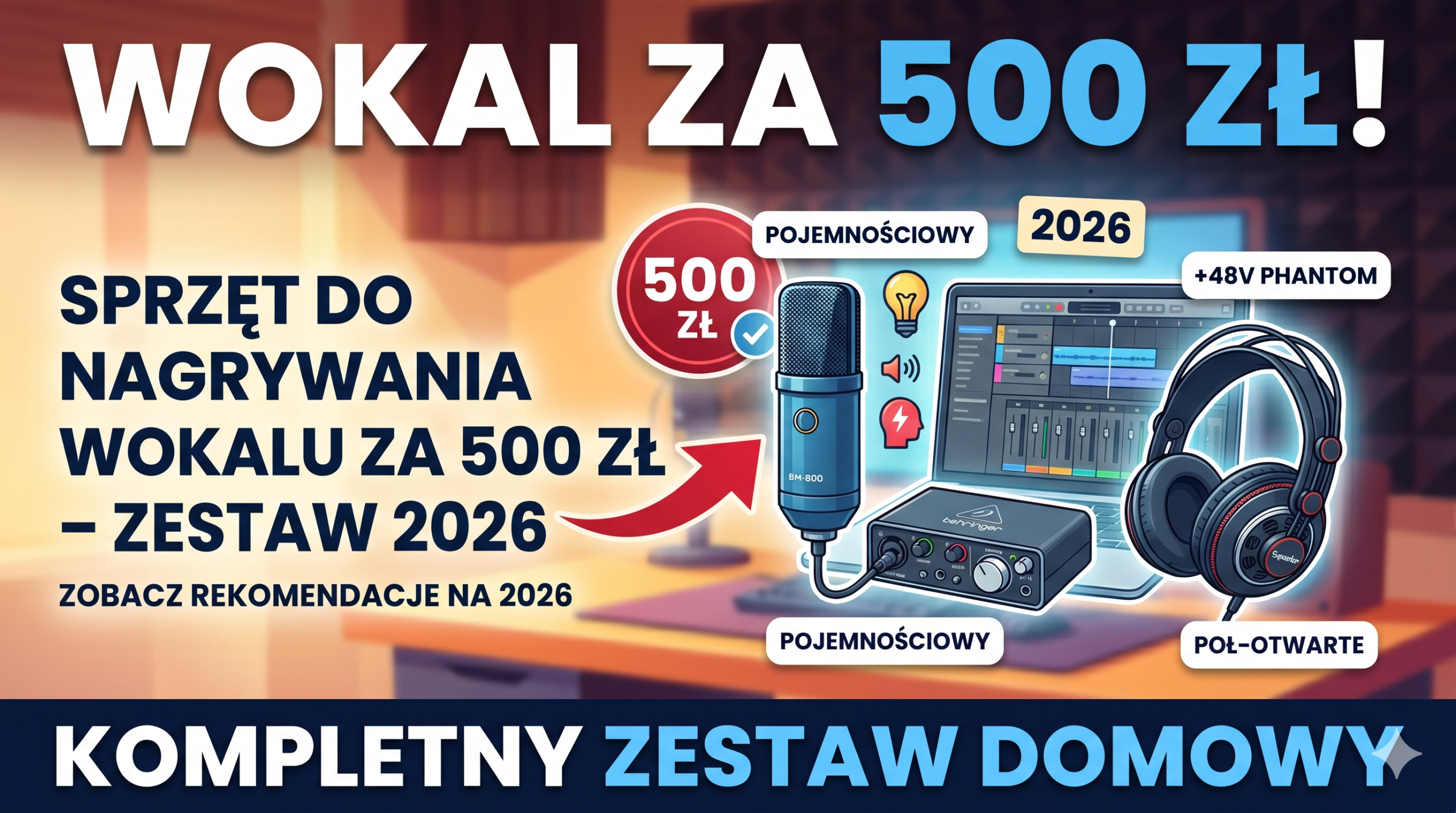 Grafika przedstawiająca zbliżenie na profesjonalny, wielkoformatowy mikrofon studyjny z zamontowanym czarnym pop filtrem. W tle widać lekko rozmyte, klimatycznie oświetlone domowe studio nagrań z elementami pianek akustycznych na ścianie. Na grafice znajdują się estetyczne, nowoczesne napisy w języku polskim: „PEWNY GŁOS PRZED MIKROFONEM!”, „Jak ćwiczyć dykcję i emisję głosu” oraz podtytuł „Poradnik dla wokalistów i twórców”.