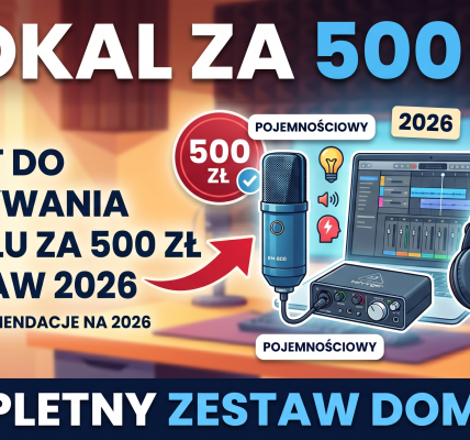 Grafika przedstawiająca domowe studio nagrań z elementami zestawu muzycznego do 500 zł na rok 2026. Na pierwszym planie widoczny jest profesjonalny mikrofon pojemnościowy podłączony do ciemnego interfejsu audio oraz półotwarte słuchawki studyjne. W tle znajduje się laptop z uruchomionym programem do obróbki dźwięku (DAW). Na grafice umieszczono czytelne napisy w języku polskim: „WOKAL ZA 500 ZŁ!”, „Sprzęt do nagrywania wokalu za 500 zł – Zestaw 2026” oraz „Kompletny zestaw domowy”.