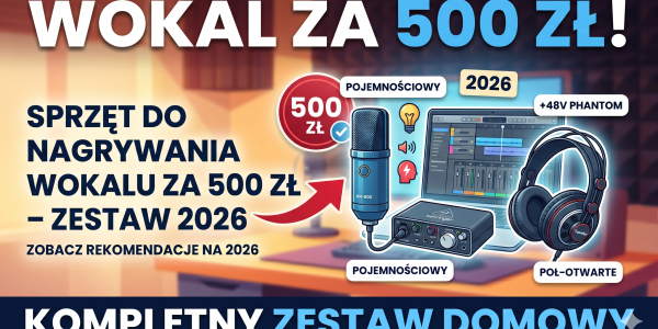 Grafika przedstawiająca domowe studio nagrań z elementami zestawu muzycznego do 500 zł na rok 2026. Na pierwszym planie widoczny jest profesjonalny mikrofon pojemnościowy podłączony do ciemnego interfejsu audio oraz półotwarte słuchawki studyjne. W tle znajduje się laptop z uruchomionym programem do obróbki dźwięku (DAW). Na grafice umieszczono czytelne napisy w języku polskim: „WOKAL ZA 500 ZŁ!”, „Sprzęt do nagrywania wokalu za 500 zł – Zestaw 2026” oraz „Kompletny zestaw domowy”.